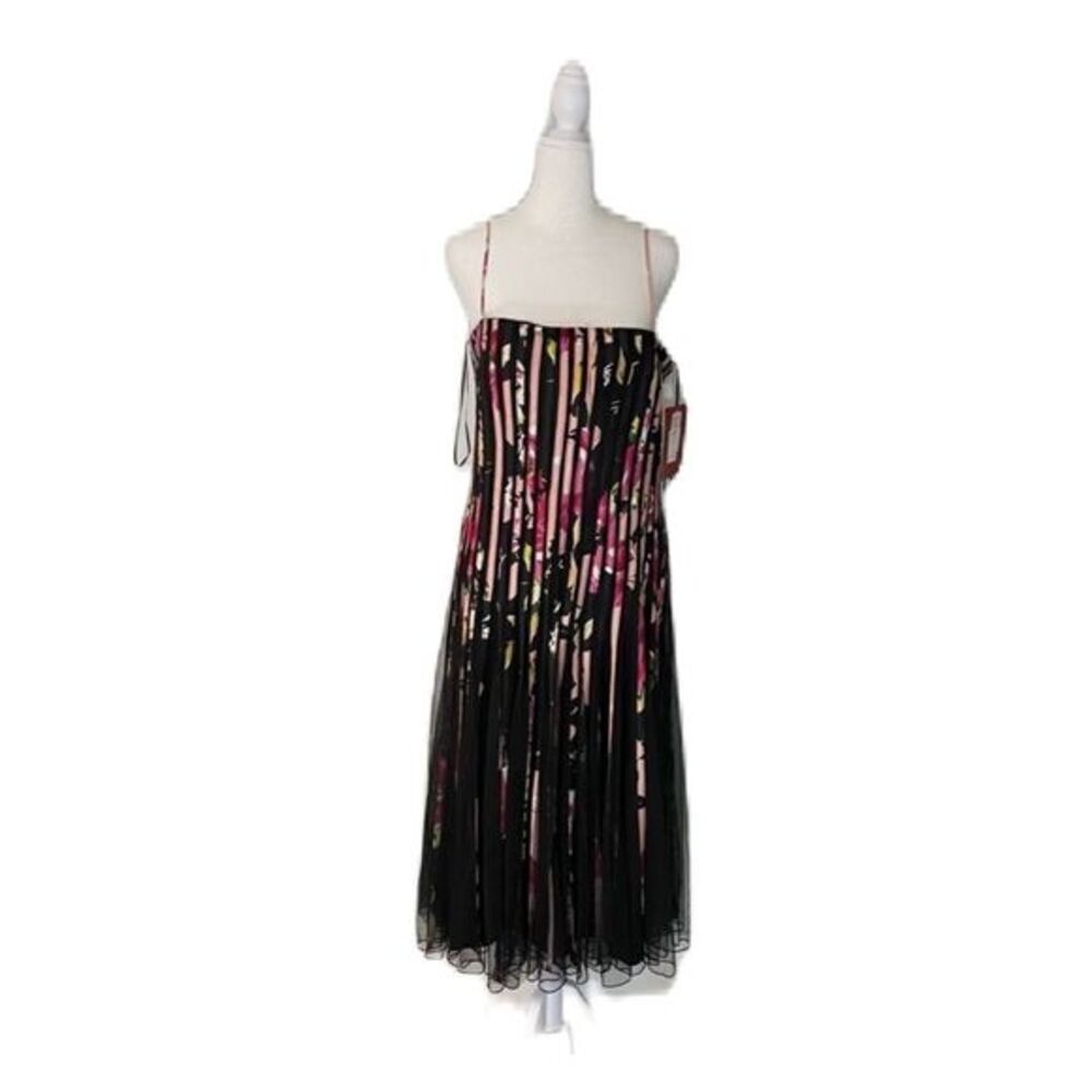 JS Collections Midi Dress Floral Piping & Mesh Twirl Flowy Size 6